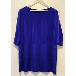 EILEEN FISHER Top Medium Silk Crepe de Chine Boat Neck Tunic Elbow Sleeve Purple